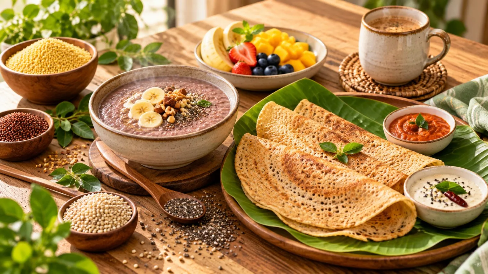 A wholesome South-Indian millet breakfast — dosa, ragi porridge and fresh fruit
